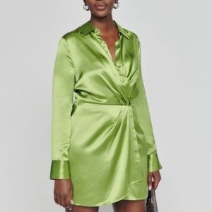 REFORMATION Alaine Green Avocado Silk Mini Dress Button Sz 12 Long Sleeve EUC